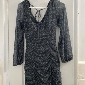 Black long sleeve scrunch dress with blue flowers